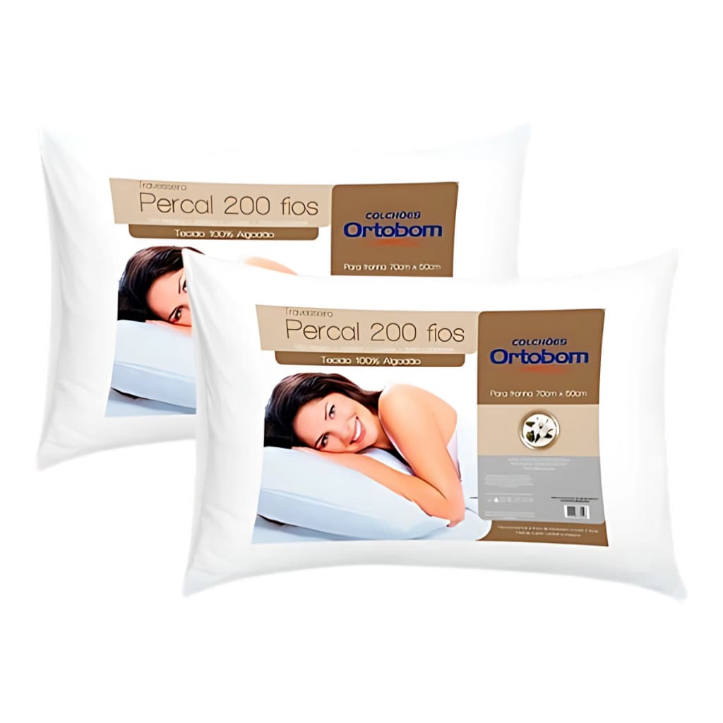 Kit 2 Travesseiros Ortobom 200 Fios Percal Toque Suave Macio Conforto Premium