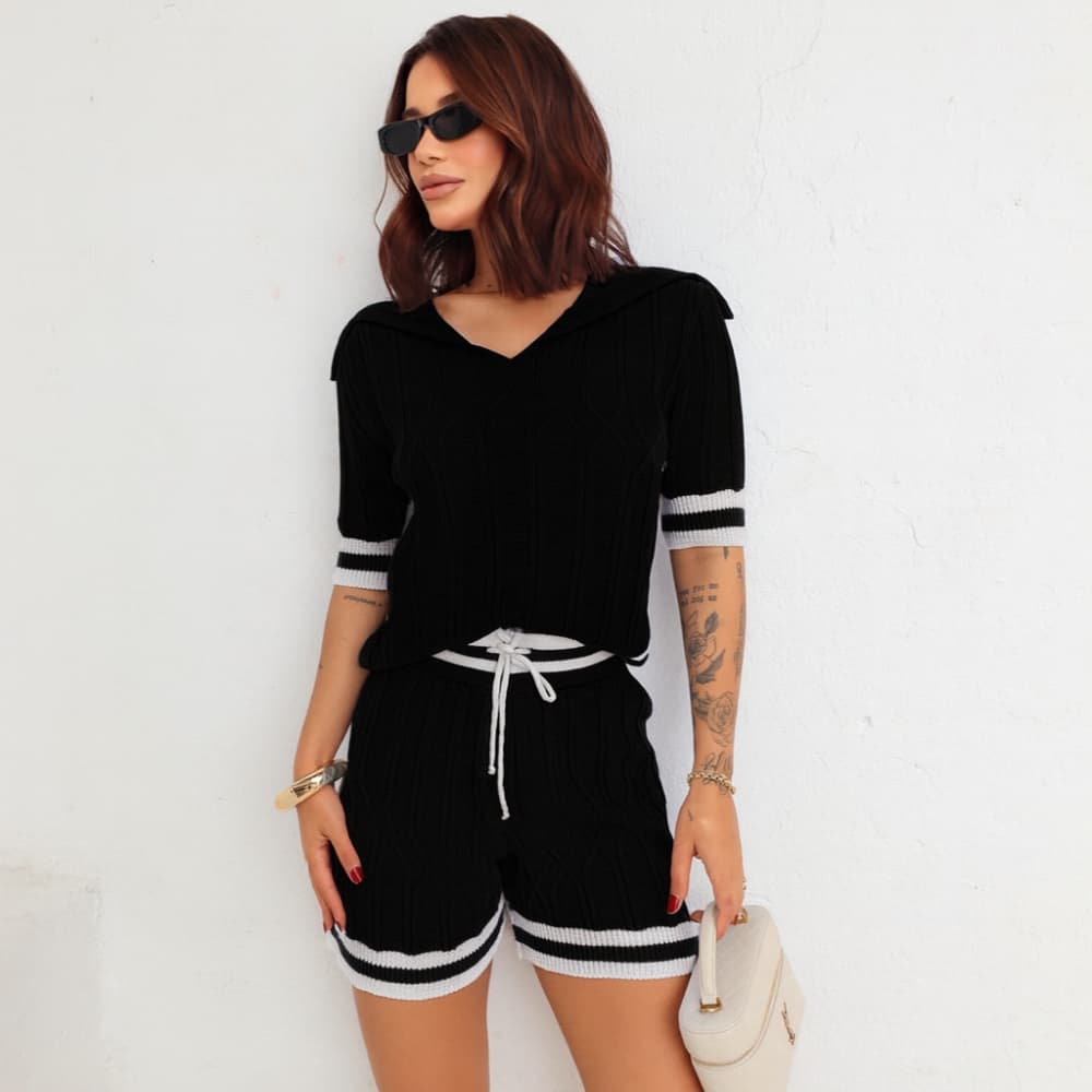 Conjunto Feminino Tricot Premium Verão | Shorts + Blusa Gola Polo