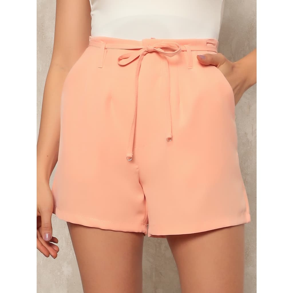 Short Feminino Alfaiataria Social Cintura Alta Cordão Argola Bolso Lateral Tendência