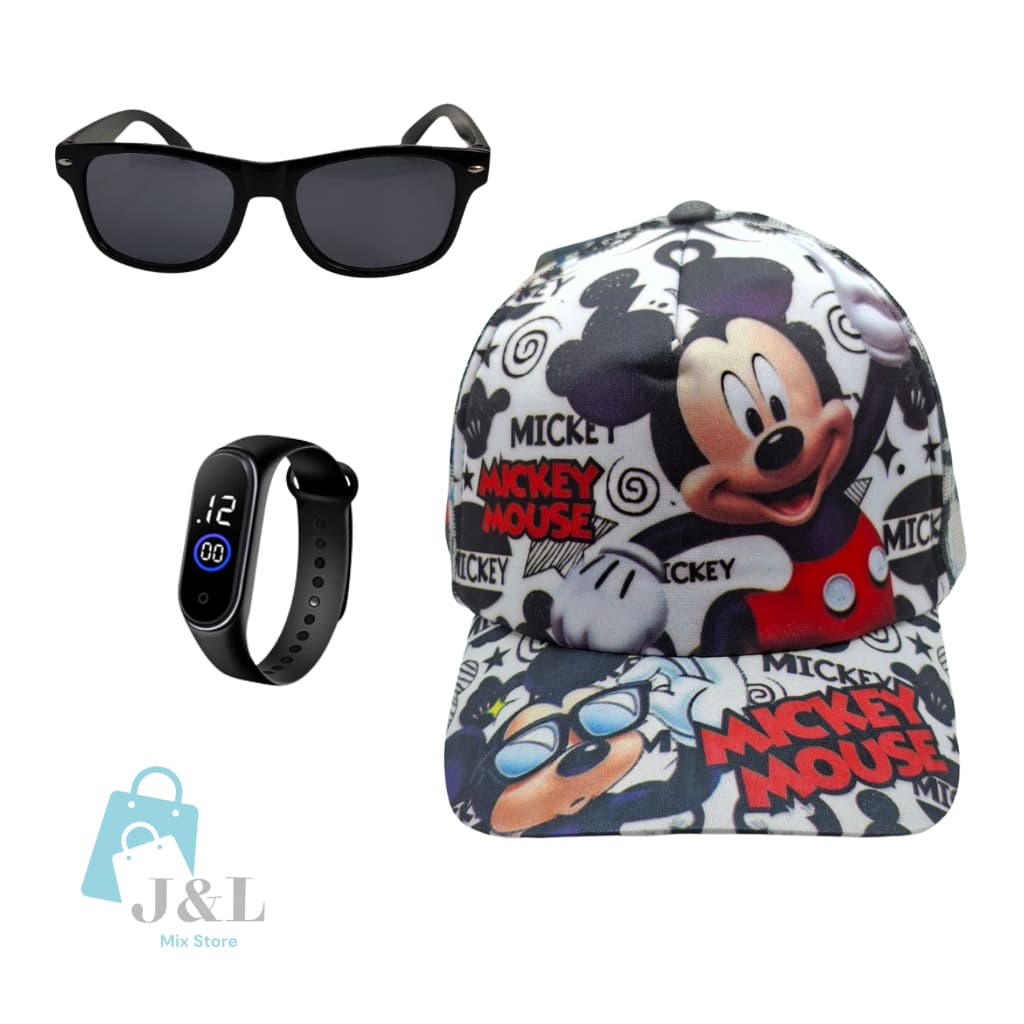 Kit Boné Infantil Personagem com Óculos de Sol e Relógio de Led meninos meninas