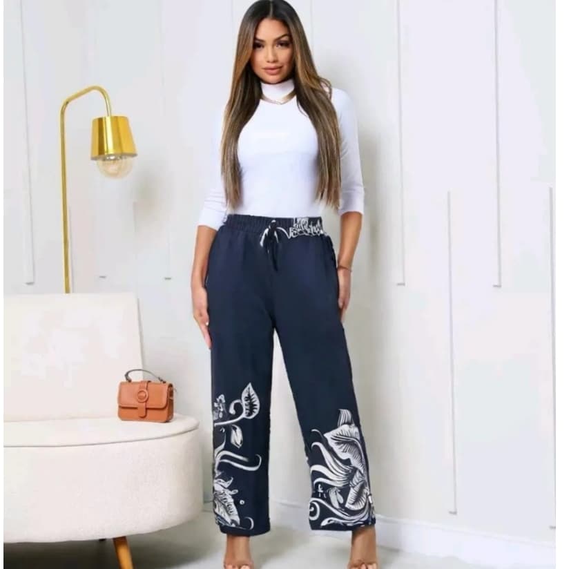 Calça pantalona femenina cintura alta com bolso tecido DUNA estampado