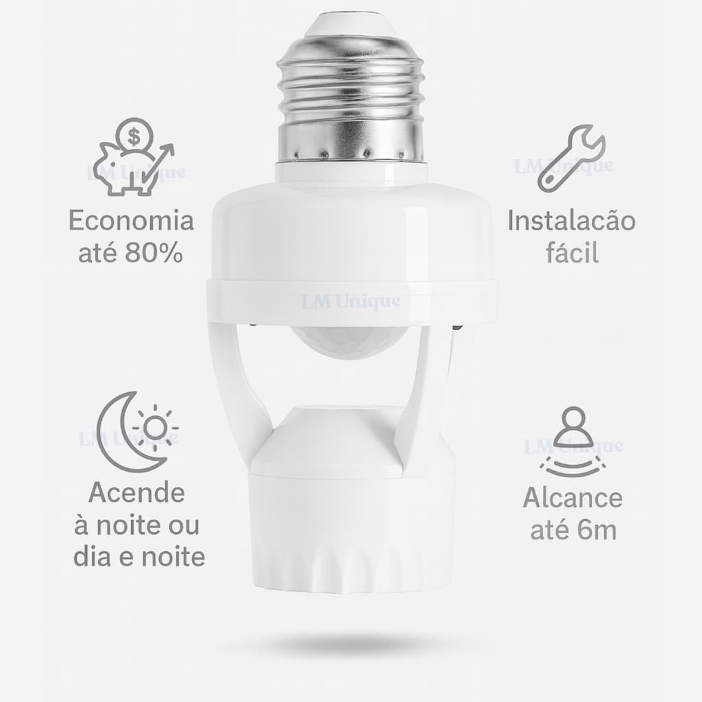 Sensor de Presença Soquete E27 360° Fotocélula Bivolt Timer Automático Lâmpada LED