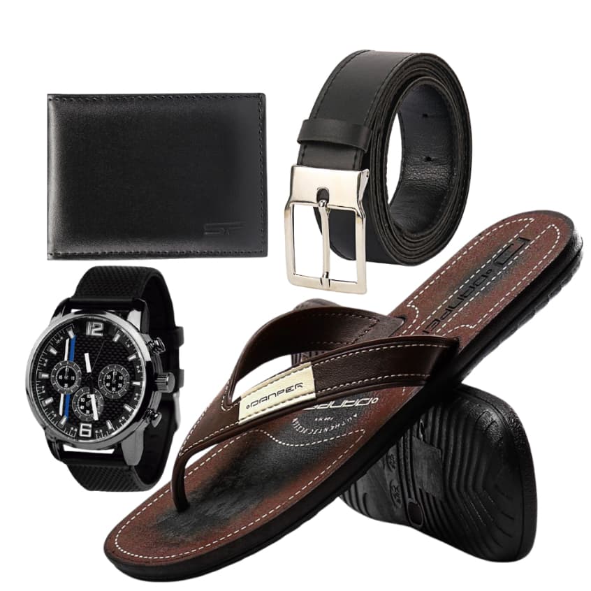 Kit Chinelo Masculino Café Marrom + Carteira + Relógio + Cinto Social