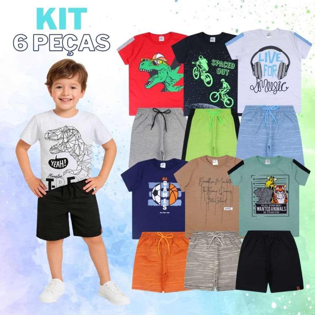 Kit 3 Conjunto Infantil Masculino 6 Peças Menino Verão Infantil - 3 Camisetas + 3 Bermudas