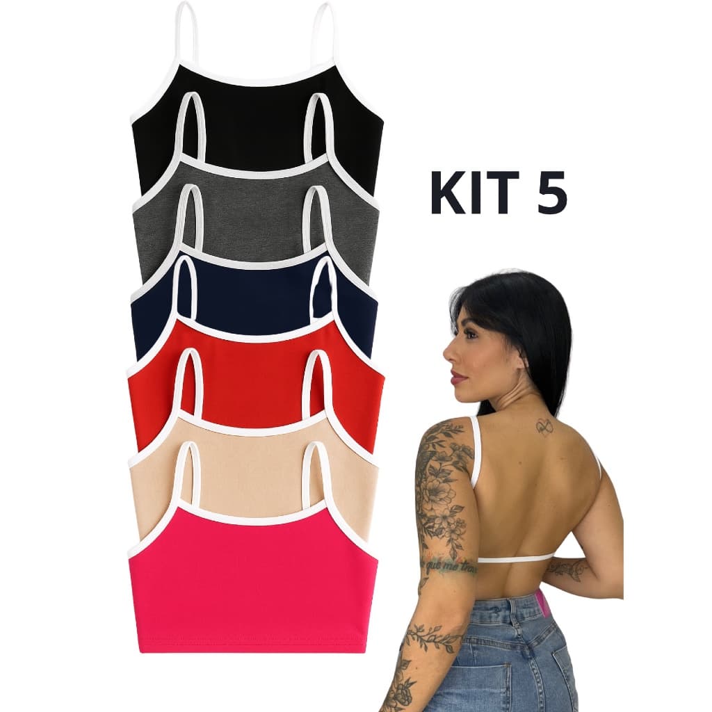 Kit 5 Top cropped Virgínia BICOLOR Costas nua sem bojo sem costas Alças Finas fitness confortável top treino