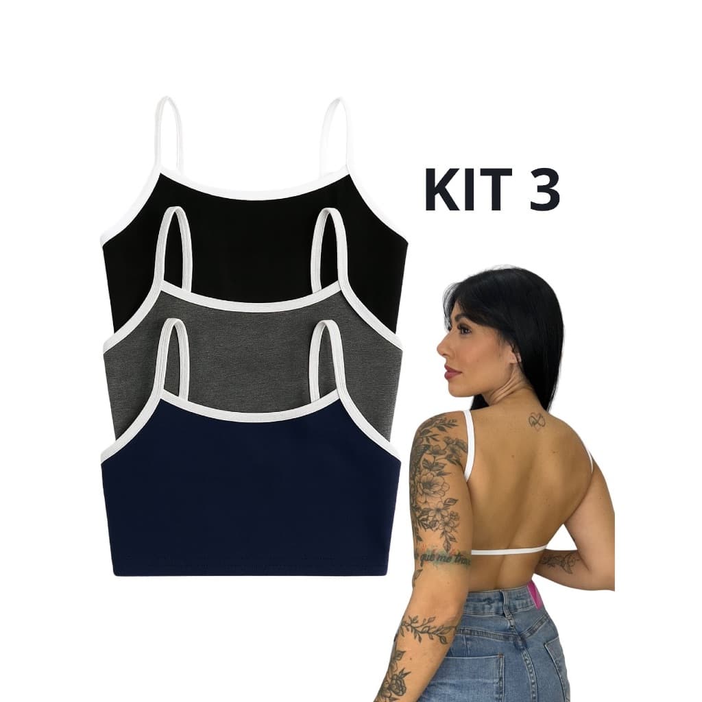 Kit 3 Top cropped Virgínia BICOLOR Costas nua sem bojo sem costas Alças Finas fitness confortável top treino