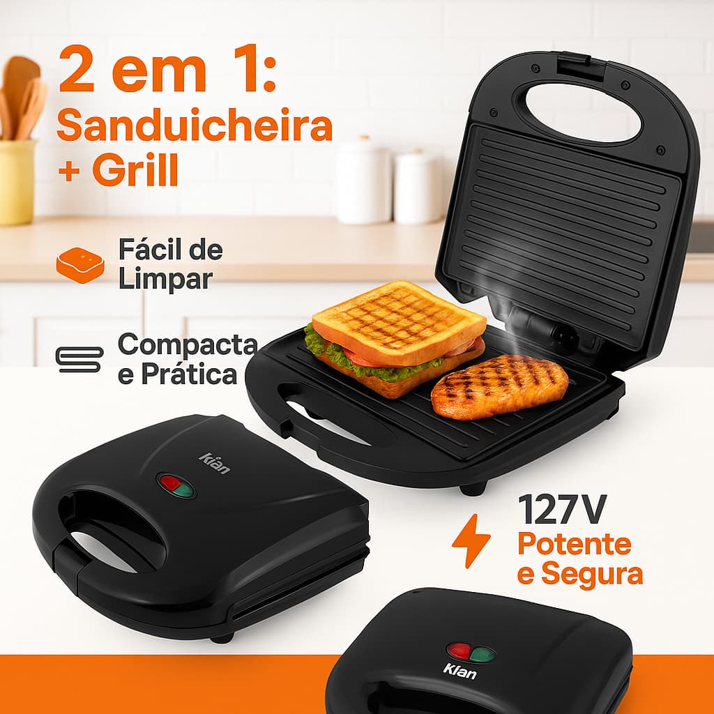 Sanduicheira Grill 2 Em 1 Kian Preta Elétrica 127V