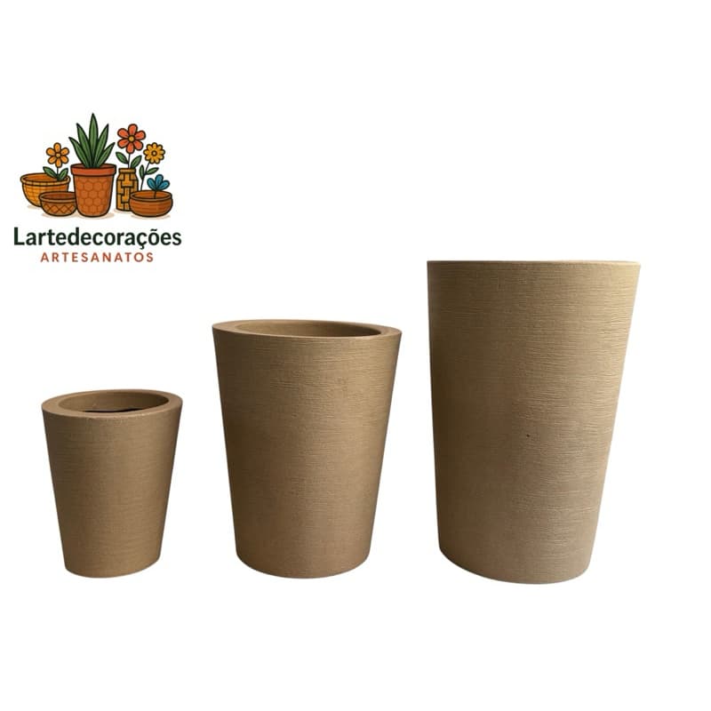 kit conjunto 3 vasos texturizados para plantas em Polietileno Redondo Cone Escovado Luxo Moderno