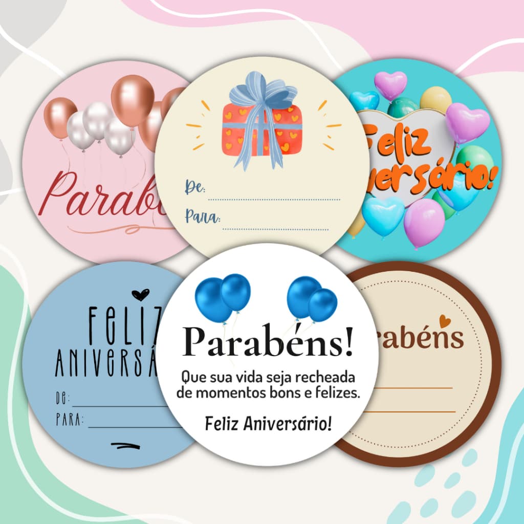 Kit 100 Adesivos Feliz Aniversário Parabéns Presente Embalagem Cliente Lembrancinha