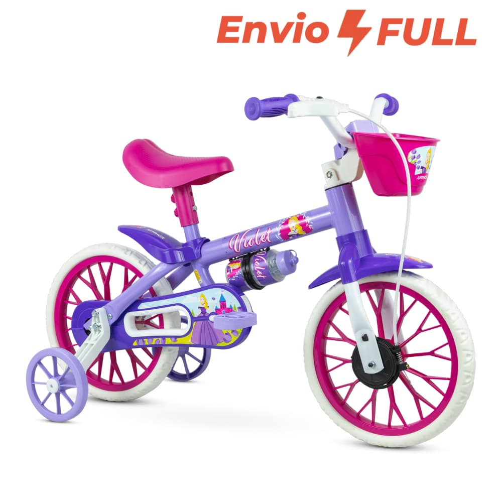 Bicicleta Infantil Nathor Violet Aro 12 Freio Tambor Com Rodas De Treinamento Com Cesta e Garrafinha