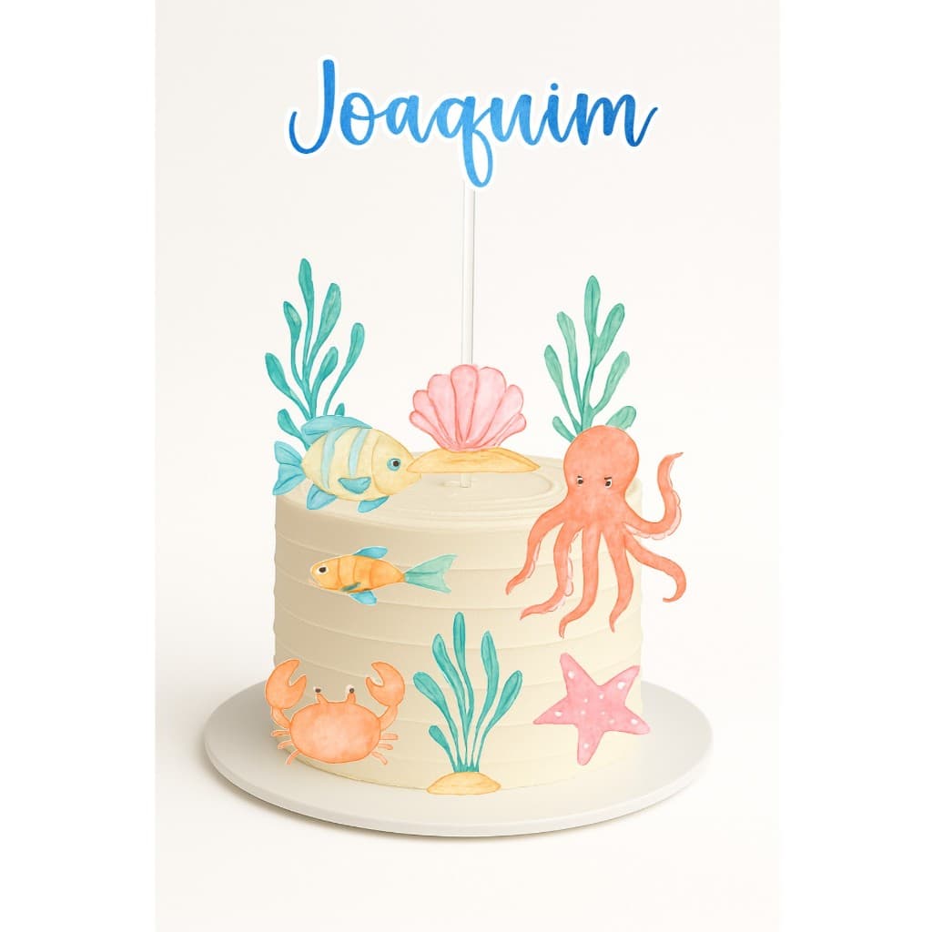 ENVIO RÁPIDO - Topo de Bolo Fundo do Mar - Nome Personalizado - Aniversário/Mesversário