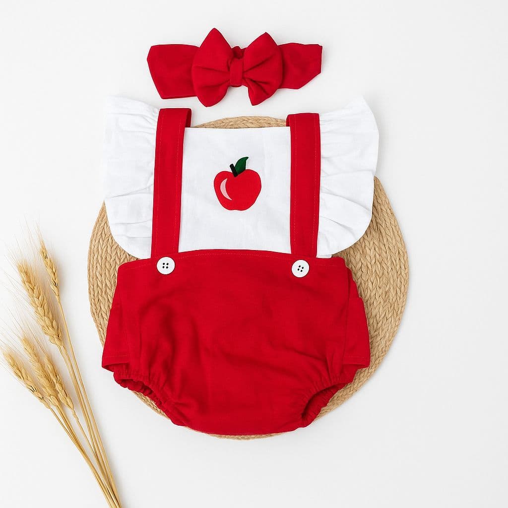 jardineira menina mesversário fruta maçã 2
