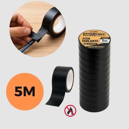 Kit 5/10/20 Rolos Fita Isolante Preta Antichama 5m – Elétrica Profissional para Fios e Cabos