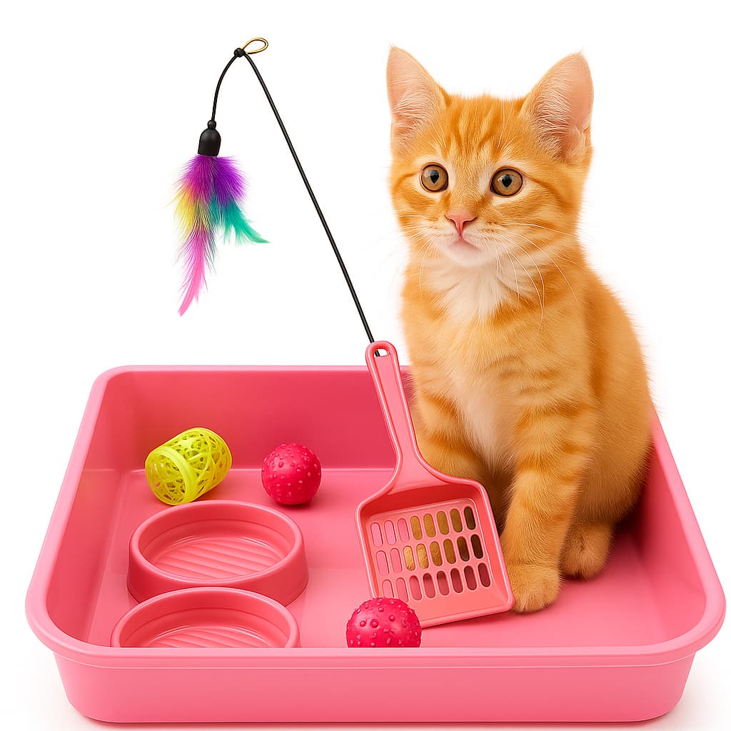 Kit Caixa De Areia para Gatos Pá Comedouro E Bebedouro acompanha Varinha e uma bolinha guizo para gatinho brincar