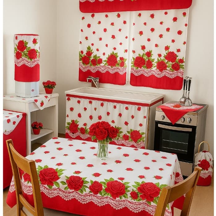 Jogo De Cozinha com 10 Peças Completo Cortina de Pia Janela e Toalha de Mesa Tecido Oxford Estampado
