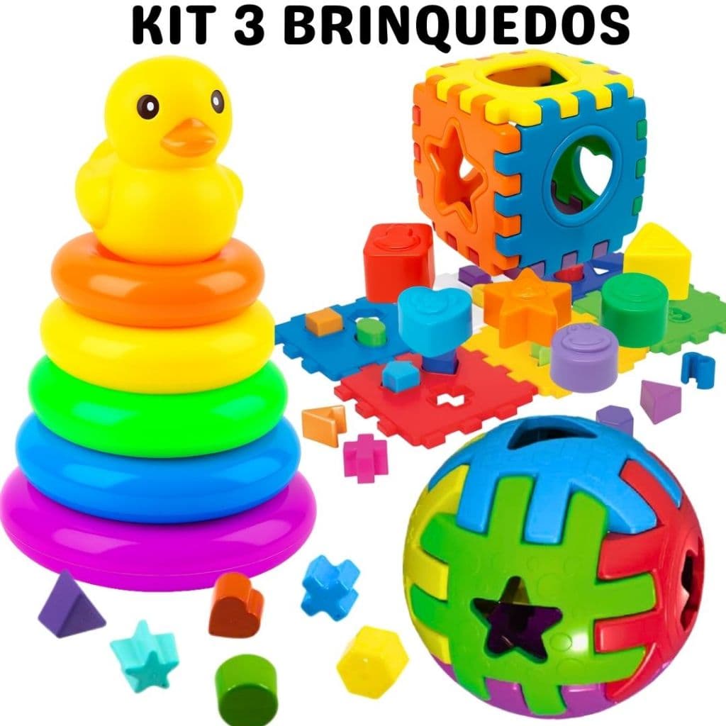 Kit 3 Brinquedos Educativos Para Bebê Criança Pato Argolas + Cubo Didática +Bola Didática Com Peças Para Encaixar