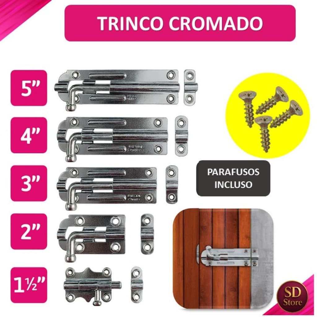 Trinco Ferrolho Cromado Fecho Targeta Tranca Porta Portão Janela com Parafusos Diversos Tamanhos