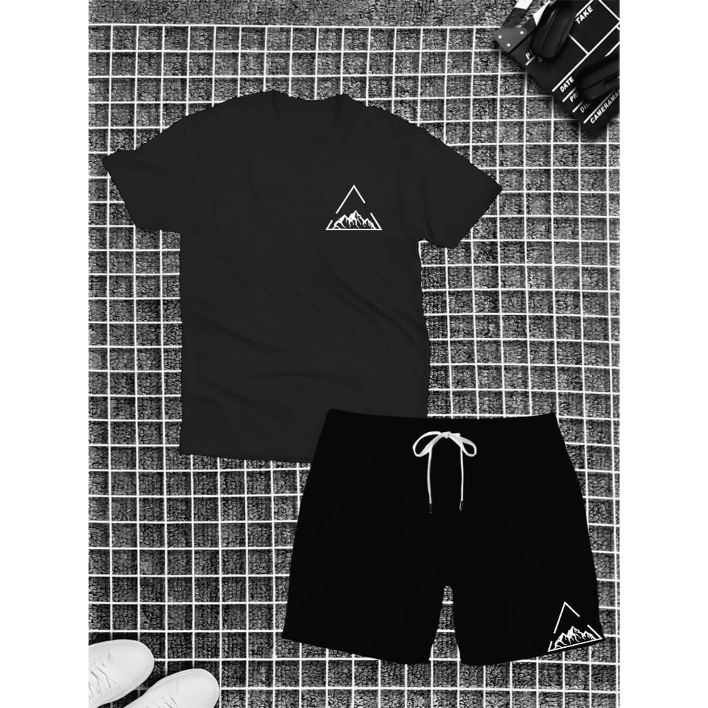 Kit Conjunto Masculino Camisa De Algodão 30.1 + Shorts Tactel Leve Estampa Triângulo