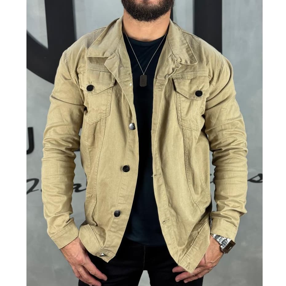 Jaqueta Masculina Jeans Sarja Premium Lisa Cor Caqui