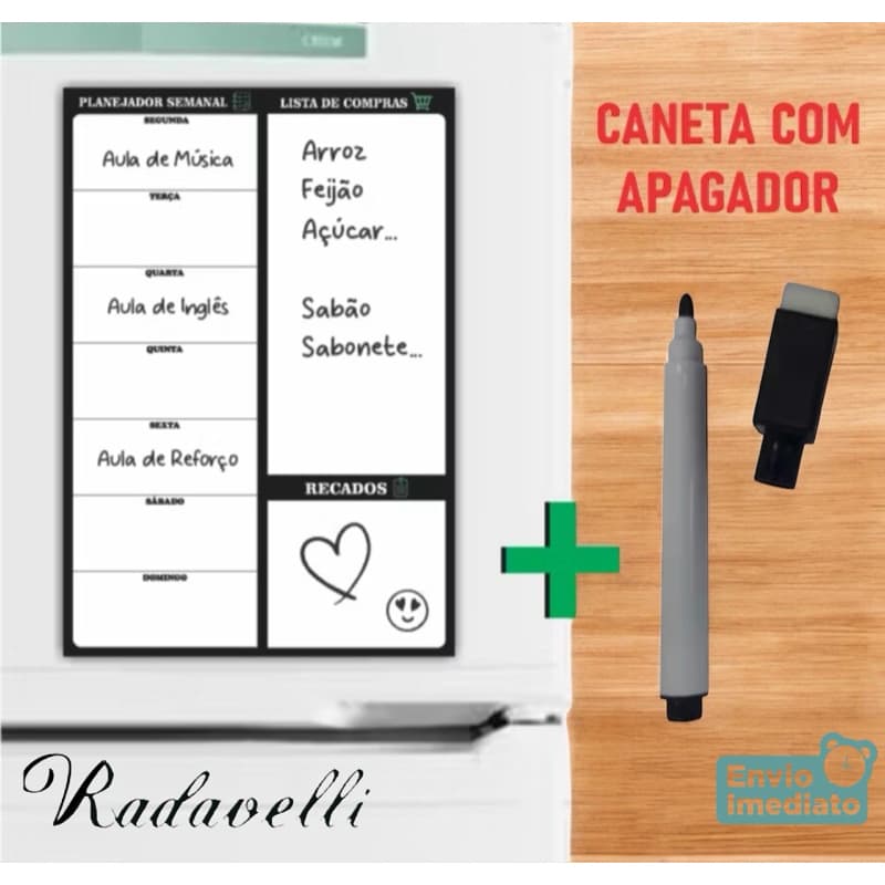 Planner Magnético Imã Geladeira Porta Recados Anotação Semanal Mensal Lousa Caneta Escreve e Apaga