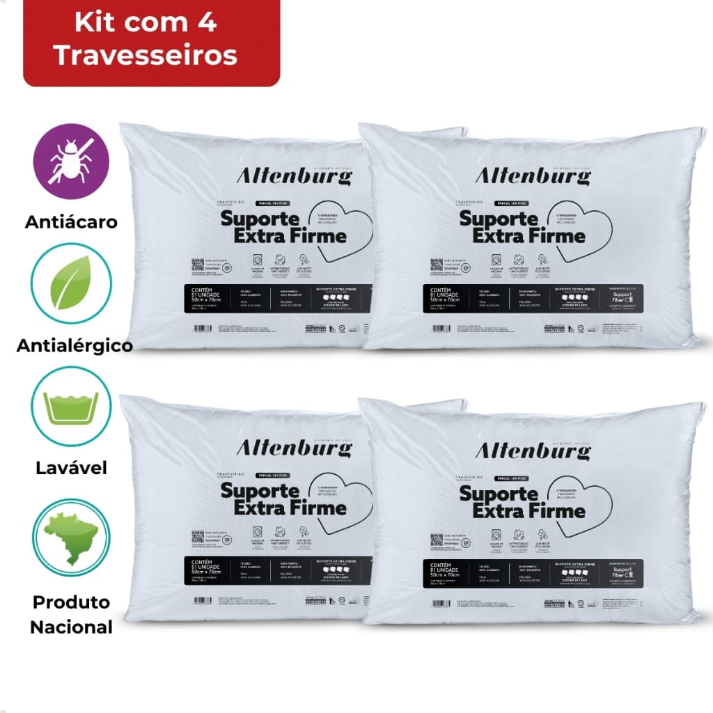 4 Travesseiros Altenburg Suporte Extra Firme Antialérgico Lavável Capa 100% Algodão 180 Fios 50x70cm