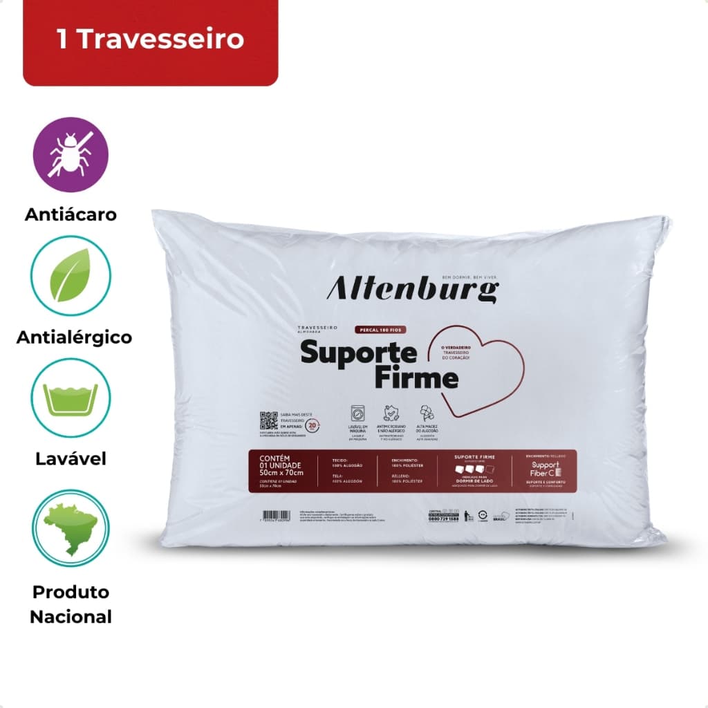 1 Travesseiro Altenburg Suporte Firme Algodão Percal 180 Fios 50Cmx70Cm Lavável