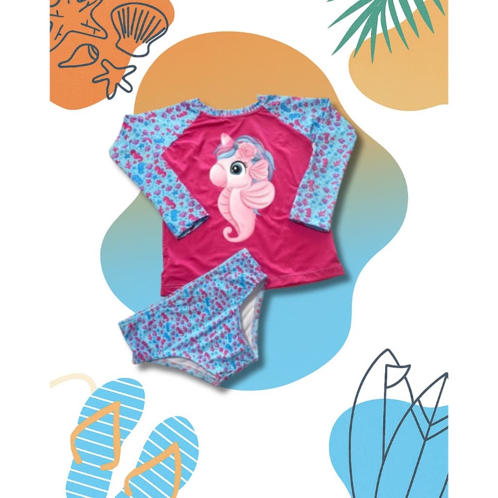 Kit Praia Piscina Infantil | Camisa Proteção Solar UV50+ + Biquíni Calcinha Personalizável Menina