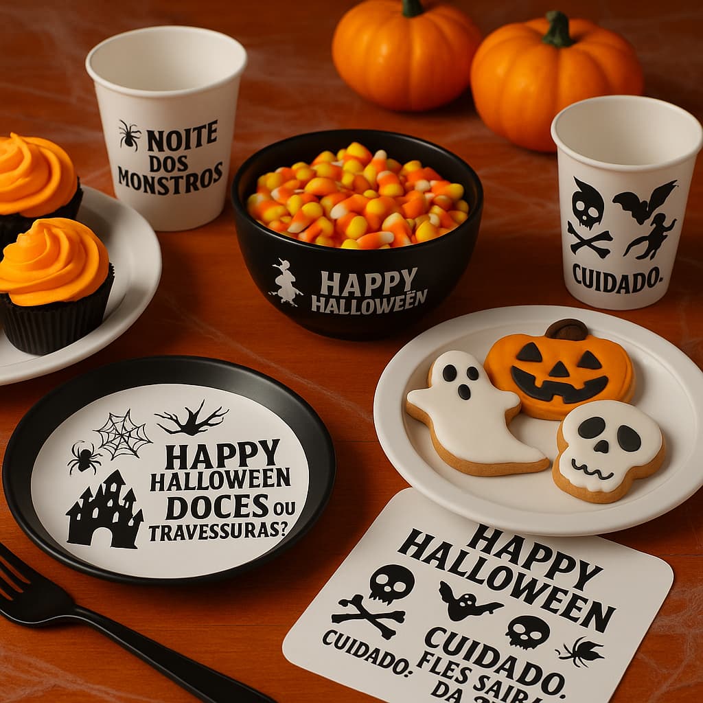 Kit 10 Imagens + 4 Frases em Vinil Adesivo Halloween | Decoração Personalizada Escolha a Cor
