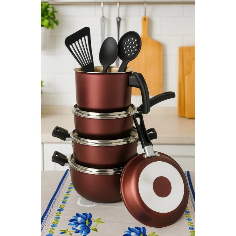 kit Panela antiaderente 8 Peças cereja e creme panela anti aderente- panela arroz feijão