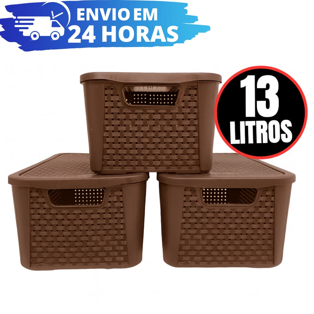 Kit 3 Caixas Organizadora Rattan REFORÇADA 13 LITROS - MARROM