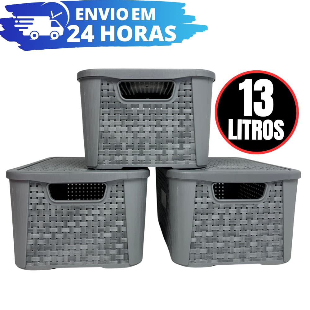 Kit 3 Caixas Organizadora Rattan REFORÇADA 13 LITROS - CINZA