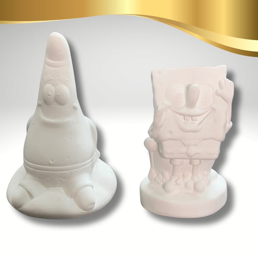 Kit de Gesso Bob Sponja (10,5cm)  + Patrick Estrela (15cm) | Estatua de Gesso Pra Criançada Pintar