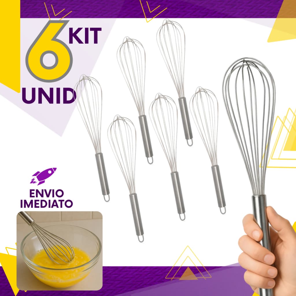 Kit 6, 3 ou 2 un - Batedor De Claras Fuet P/Massa Bolo Creme Sobremesa Cabo Reforçado Confeitaria