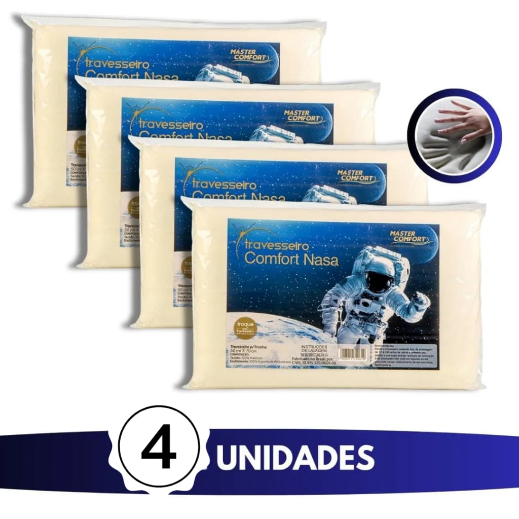 KIT 4 TRAVESSEIRO NASA COMFORT VISCOELASTICO MACIO ANTIALERGICO