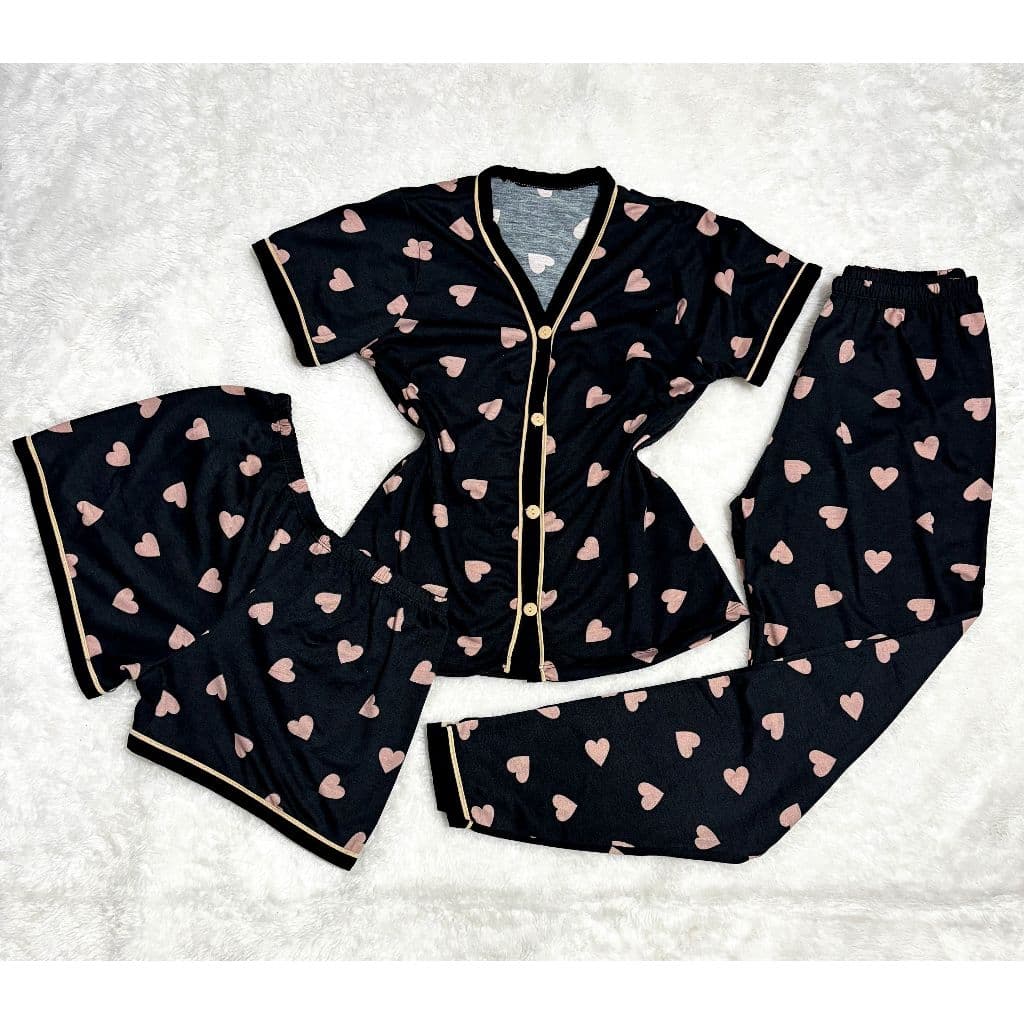 Kit 3 Peças Pijama Feminino Adulto Americano Camisa+ short +calça Com abertura com Botões Malha