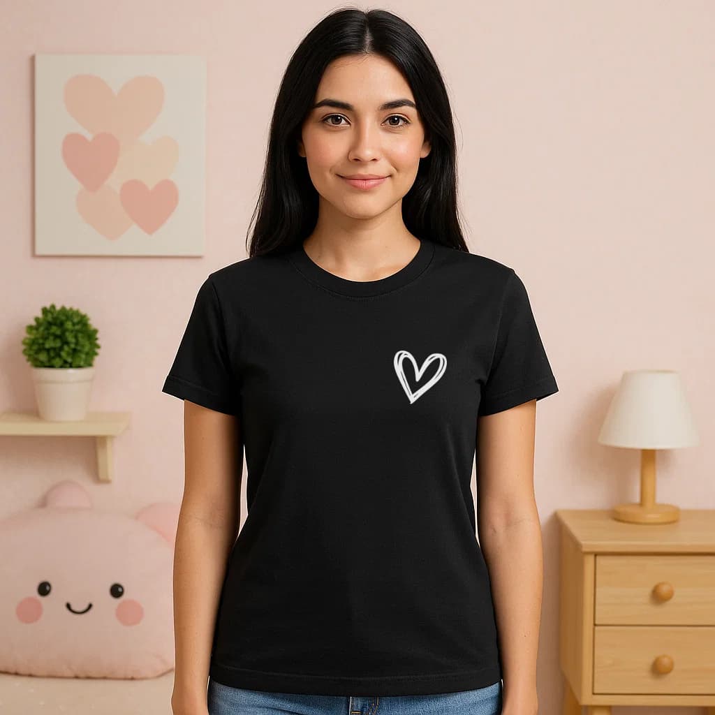 Camiseta Feminina Estampada Coração Fofo Casual 100% Algodão Estampada Manga Curta Verão