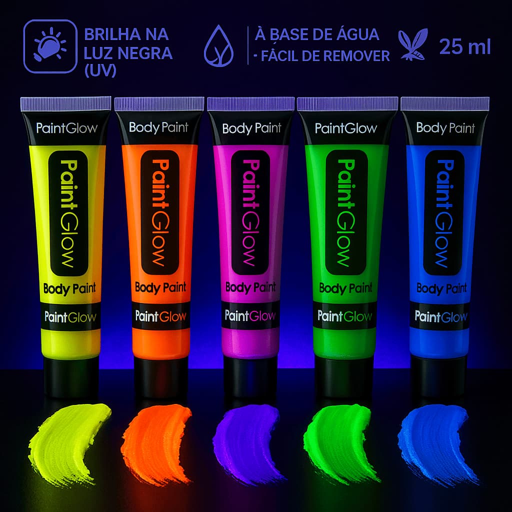 Tinta Corporal/Facial Neon UV PaintGlow 25ml — Brilha na Luz Negra — Variações 6 Cores (Verde, Laranja, Amarelo, Azul, R