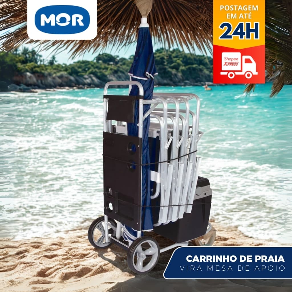 Carrinho de Praia Mor Preto Vira Mesa Com Avanço Para Caixa Térmica Cooler Promoção
