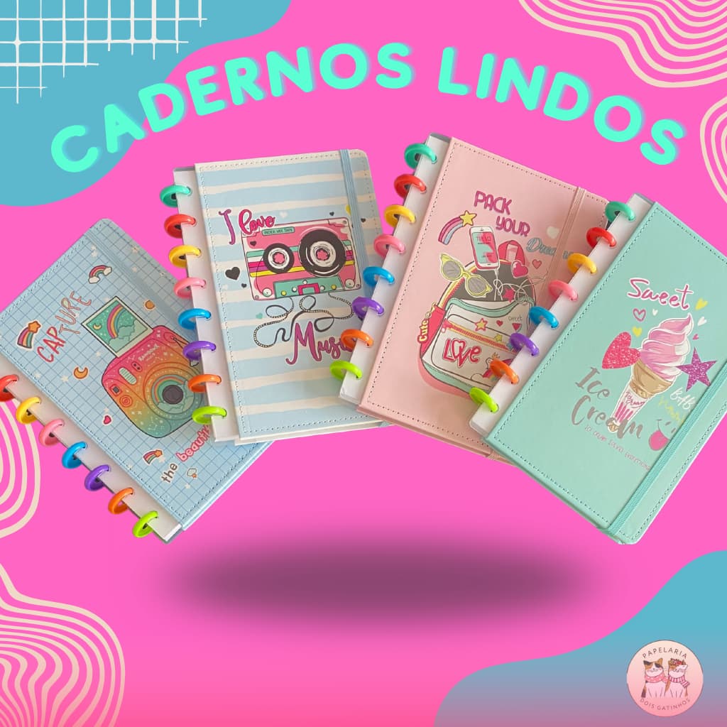 Kit 2 Cadernos de Discos Inteligente Folhas Destacáveis - Tamanho A5 - Estampas Lindas Papelaria Kawaii