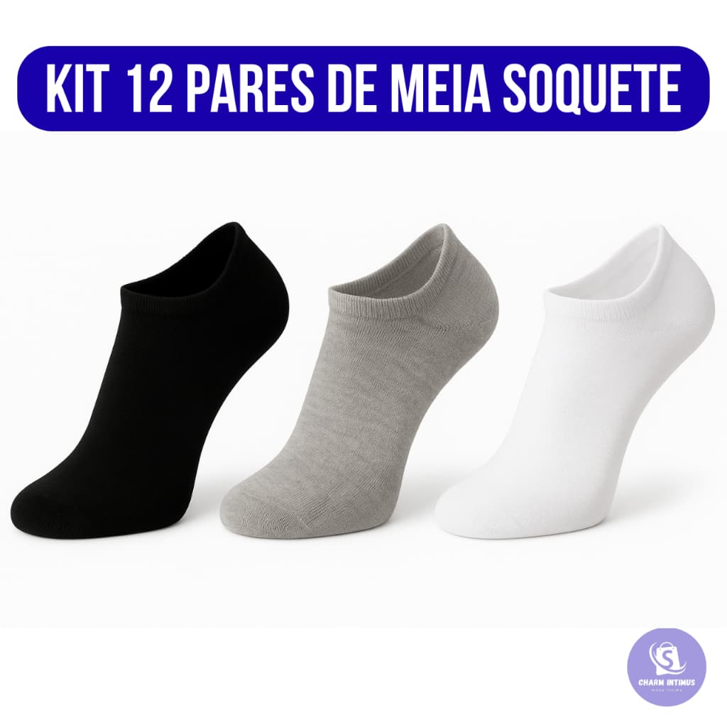 Kit 12 Pares de Meias Soquete Lisas Unissex Cano Curta Sortidas