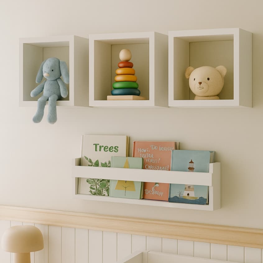 Kit Quarto Infantil 3 Nichos Quadrados 20x20cm + Estante Livros 60cm MDF Branco Decorar e Organizar