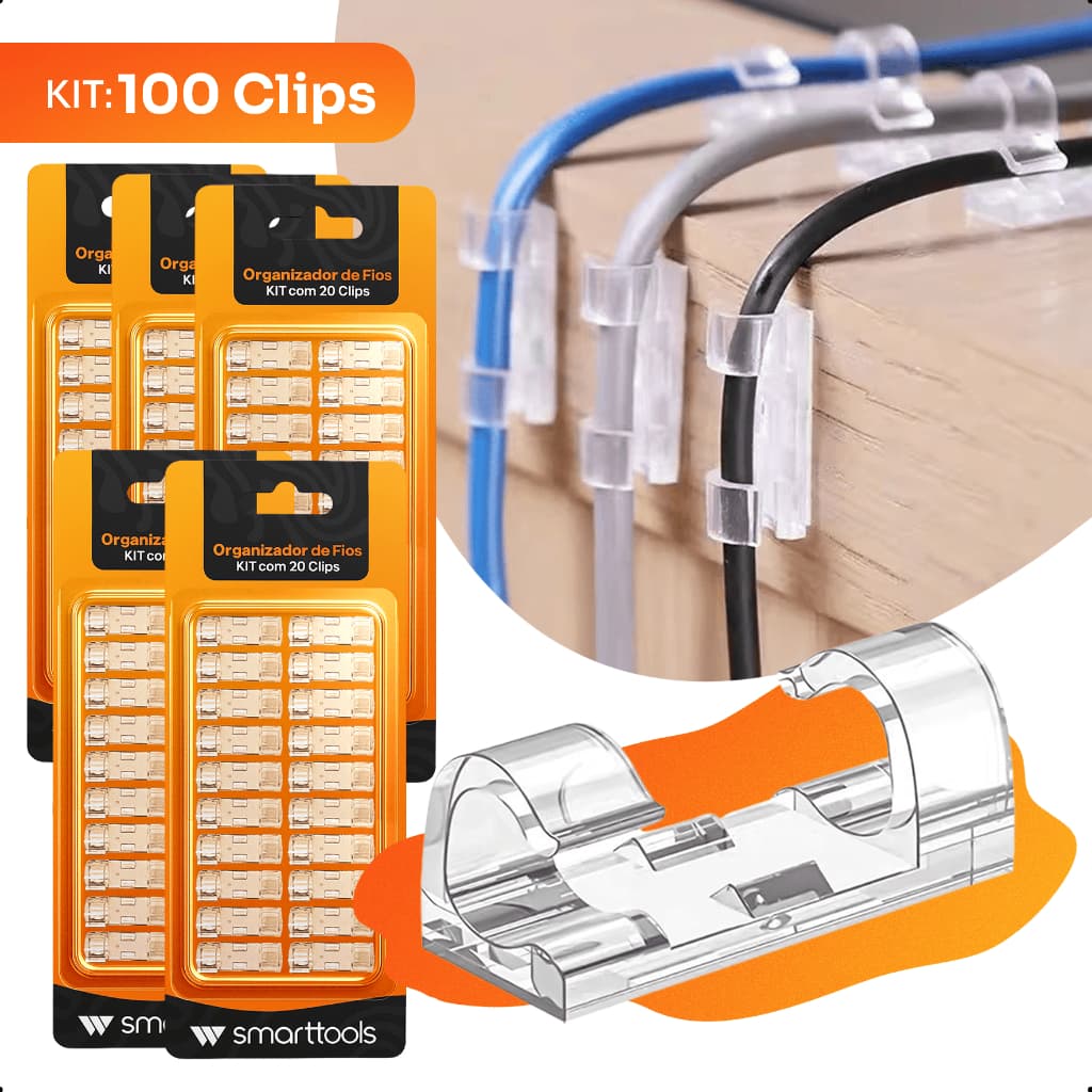 KIT 20 40 60 80 ou 100 Clips Fixador Organizador de Fios e Cabos Autoadesivo Esconde Mesas Paredes