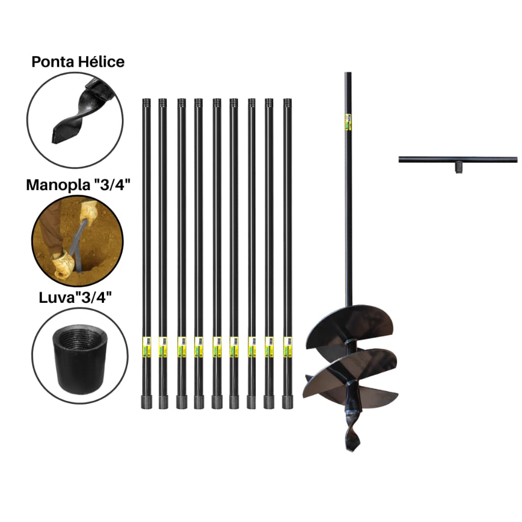 Cavadeira Trado Manual 15cm 4 Facas Cabo Fixo 1m + 9 Extensores De 1m Perfurador de Solo