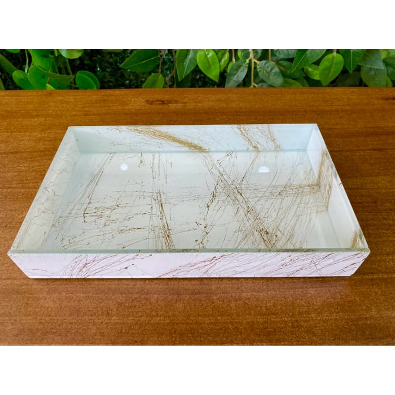 BANDEJA DECORATIVA ELEGANTE 23x14 VIDRO PINTURA MARMORIZADO DE LUXO