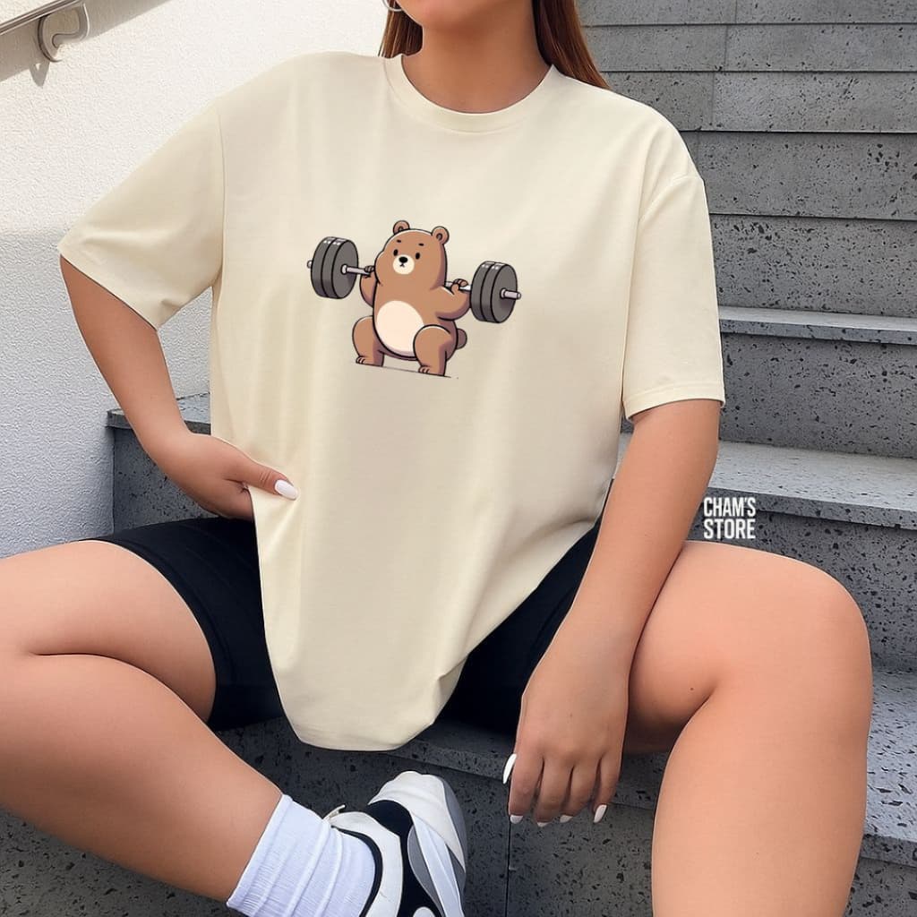 T-shirt Feminina Camiseta Urso Fitness Gym Academia Blusinha 100% Algodão Verão