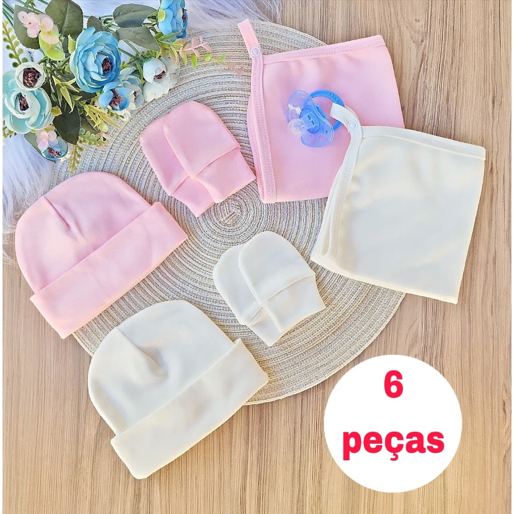 Kit com 2 Touca e 2 Luva 2 Paninho de Boca Babete com Prendedor de Chupeta Para Bebê Recém Nascido