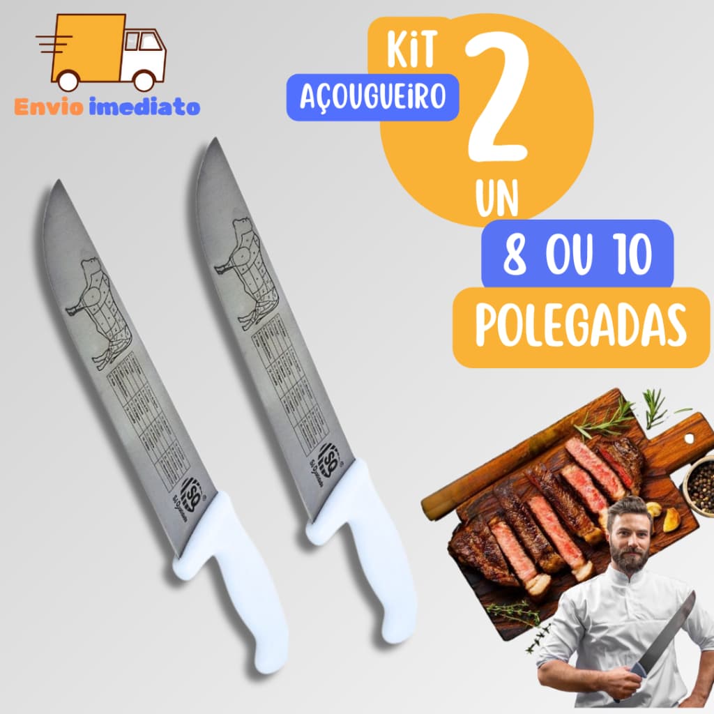 KIT 2 Faca Carne Chef Aço Cabo Branco 10p ou 8p Profissional para Açougue Churrasco Acougue Cozinha
