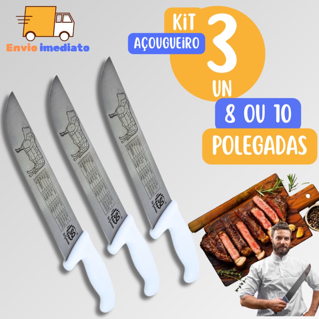 KIT 3 Faca Carne Chef Aço Cabo Branco 10p ou 8p Profissional para Açougue Churrasco Facas de Cozinha