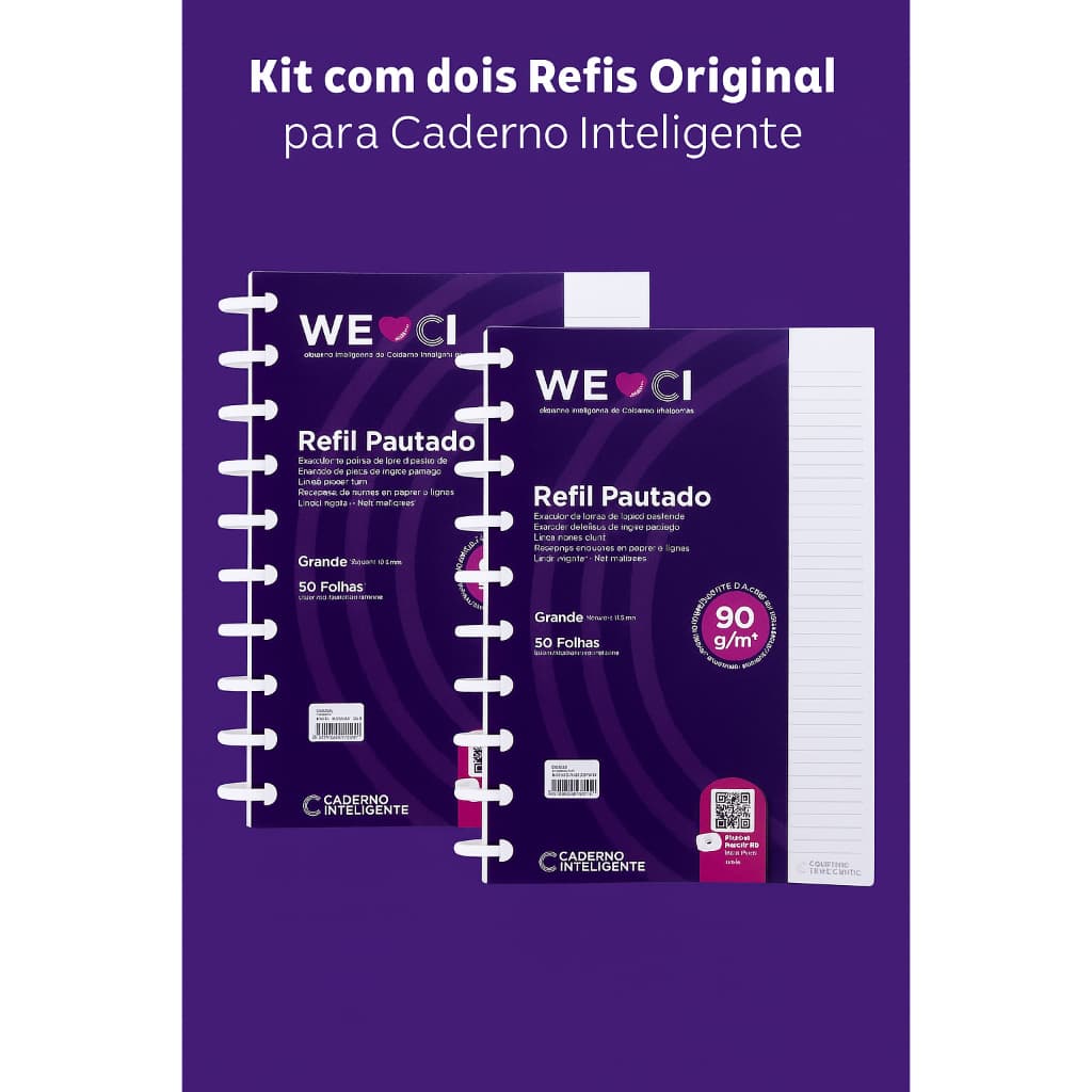 2 Refis Originais Pautados Caderno Inteligente Grande 50 Folhas 90g/m²