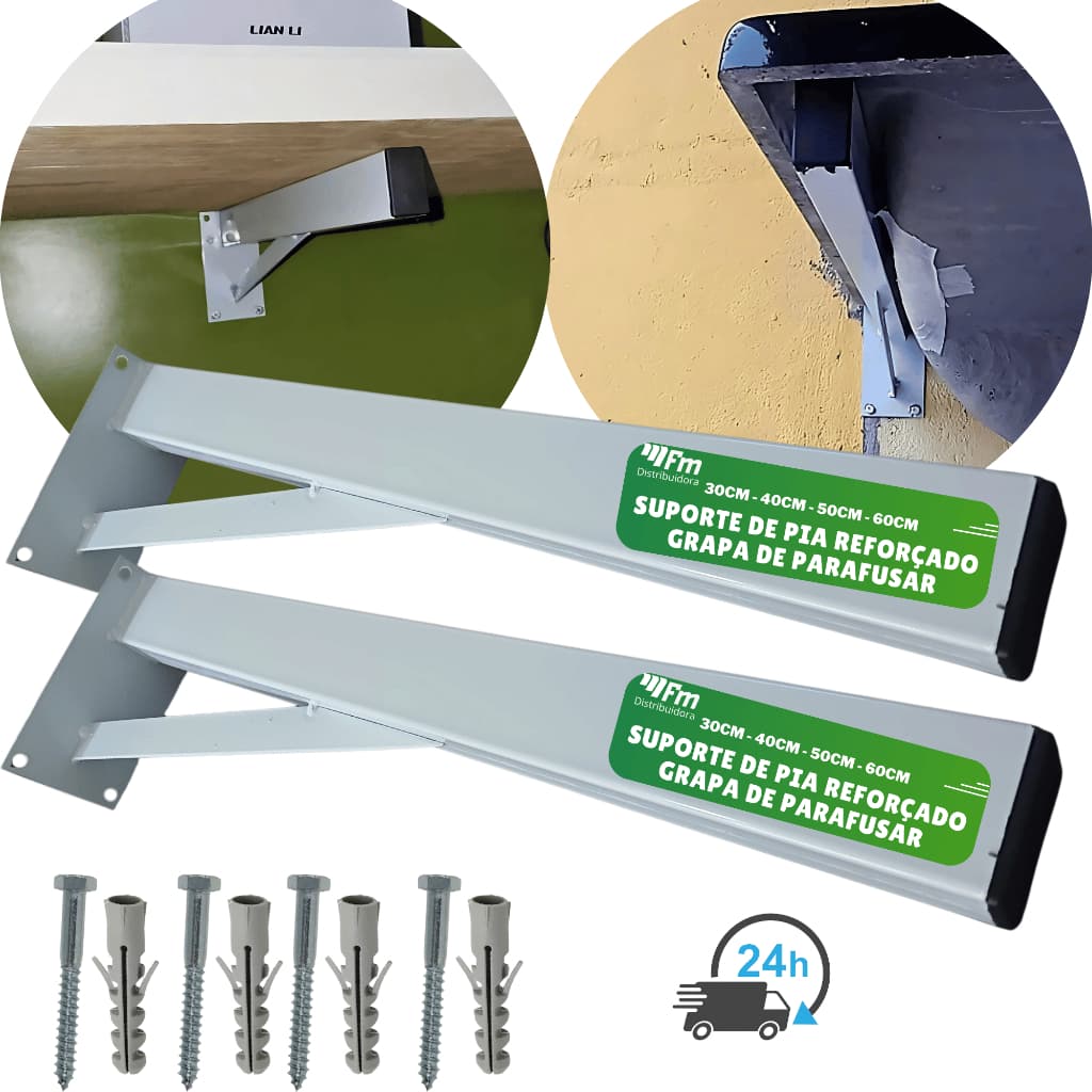 Par Suporte De Pia Bancada Mão Francesa Reforçado Parafusar Grapa 30cm 40cm 50cm 60cm + Kit Parafuso